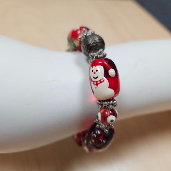 Vintage Lamp Work Glass Bead Stretch Bracelet Christmas Motif Holiday Anklet - Picture 6 of 6